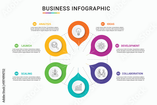 A circular business infographic template with six colorful icons for professional presentation Vector