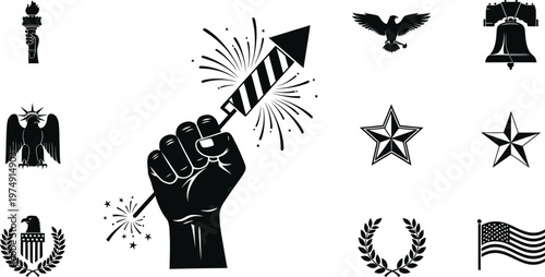 Patriotic american icon set fourth of july symbols flags and national emblems for graphic design projects