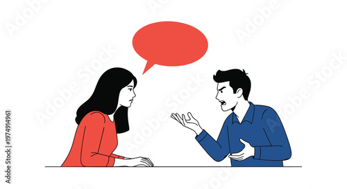 Young couple having a heated argument with a red speech bubble symbolizing conflict and communication issues in a relationship.