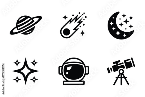 A collection of black and white icons depicting celestial bodies space exploration and astronomy high quality