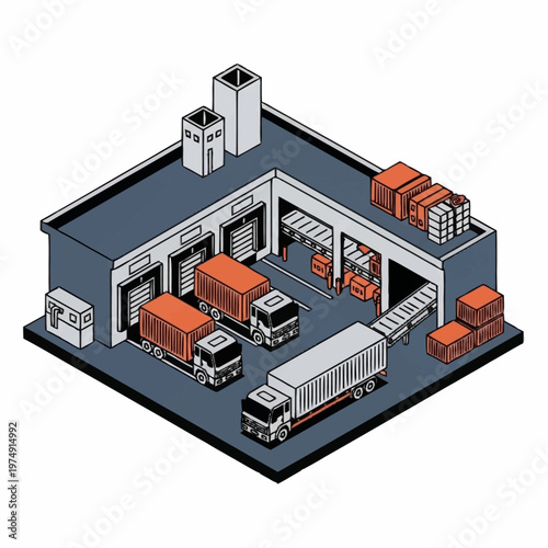 Isometric view of a busy logistics warehouse with multiple trucks.