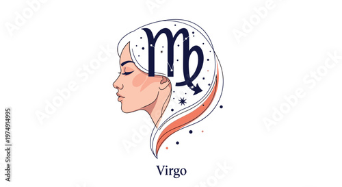 Artistic profile of a woman with flowing hair integrated with the celestial Virgo zodiac sign and starry night sky elements.
