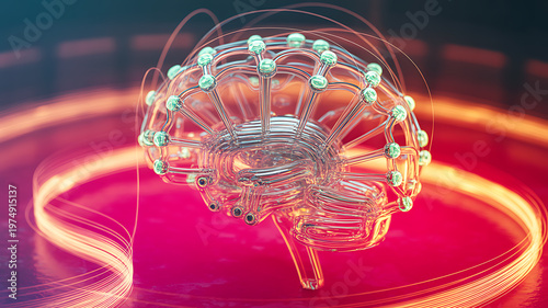 Futuristic glass brain sculpture with internal spherical nodes representing data points and synaptic junctions surrounded by circular light rings symbolizing computing power and digital evolution.