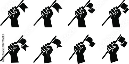 Protest icon set diverse hands raising flags black and white vector illustrations for activism social movements