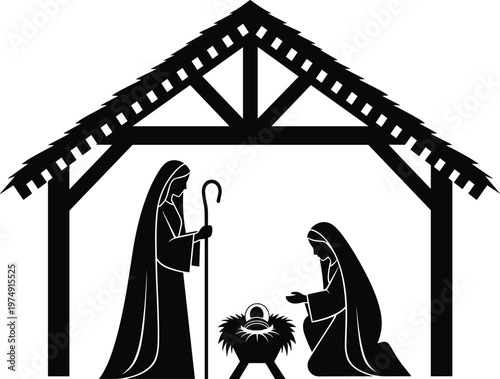 Black silhouette of mary joseph and baby jesus in manger under a shed