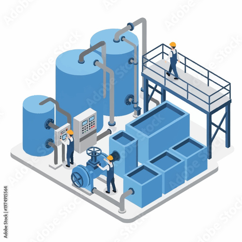 Isometric Water Treatment Plant with Workers and Tanks.