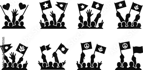 Protest icon set diverse silhouette illustrations of people with flags vector graphics for activism social movements