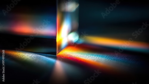 Light prism splitting white light into spectrum colors on surface