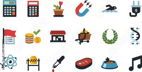 Flat Icon Set with Finance, Science, Food, Energy, and Business Symbols for Web, App UI, and Infographic Design