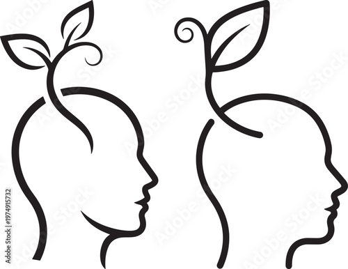 Plant sprouts growing from human head profiles - brain growth and development concept with line art personal growth self improvement creative imagination development thinking learning wellness
