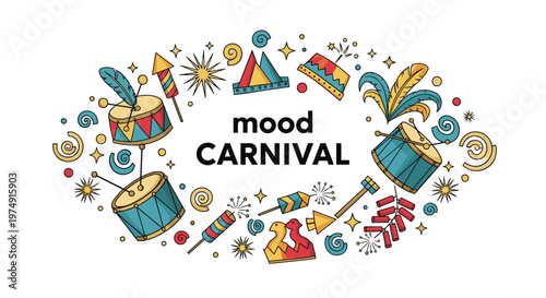 Festive mood carnival celebration layout featuring traditional musical instruments like drums, fireworks, and colorful party accessories.