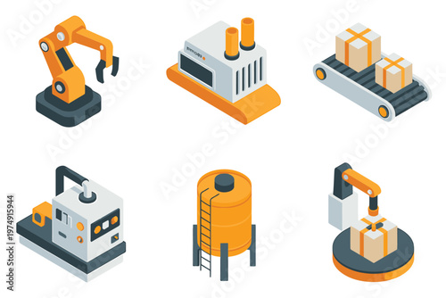 Isometric illustration showcasing automated factory elements including robotic arms conveyor belts and industrial machinery high quality