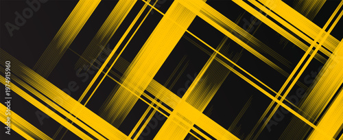 Abstract dark background with dynamic yellow diagonal lines and halftone patterns. Modern creative trendy design in vector EPS 10