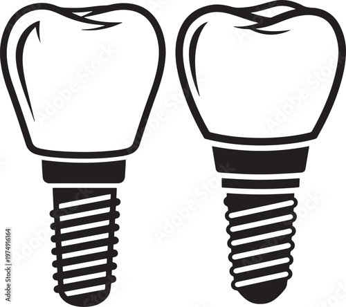 Two dental implant outlines - crown and screw root components for oral health and tooth restoration with line art dentistry restoration prosthetic stomatology dentition technology treatment