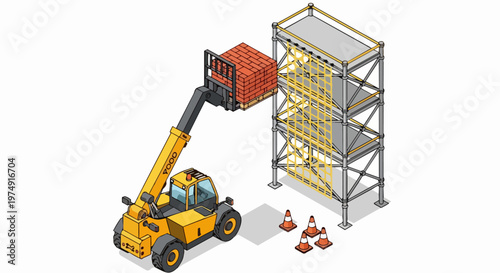 Isometric Yellow Telehandler Forklift Lifting Red Brick Pallet onto Construction Scaffolding Tower, Industrial Site Material Handling Equipment Vector Illustration