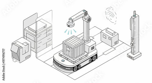 Autonomous Mobile Robot with Robotic Arm in Smart Warehouse Isometric Line Art Illustration