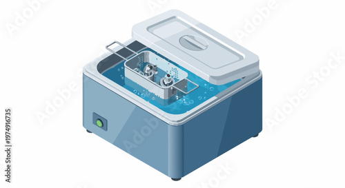 Professional Ultrasonic Cleaner Machine with Metal Parts in Basket, Isometric 3D Illustration for Industrial and Laboratory Equipment