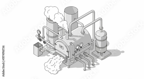 Isometric Industrial Boiler and Factory Machinery Illustration with Steam and Pipes, Grayscale Technical 3D Design for Engineering and Manufacturing Concepts