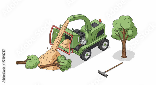 Isometric Illustration of a Professional Wood Chipper Machine Processing Tree Branches into Mulch for Landscaping and Gardening Waste Management