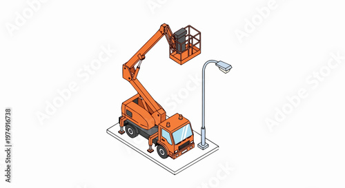 Isometric Cherry Picker Truck and Street Light Vector Illustration - Aerial Work Platform for Urban Maintenance and Infrastructure Repair
