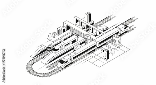 Isometric Train Station and High-Speed Railway Hub Minimalist Line Art Illustration