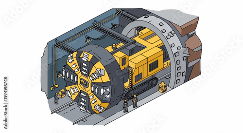 Isometric illustration of a massive tunnel boring machine (TBM) excavating an underground tunnel with construction workers. Technical vector art for civil engineering and mining.