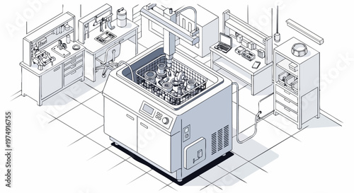 Isometric Line Art of Automated Industrial Cleaning Machine and Workshop Laboratory Environment