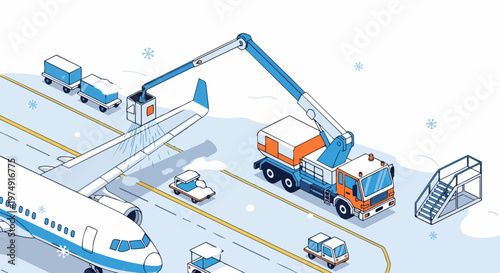 Isometric Illustration of Aircraft De-icing Process on Airport Runway in Winter; Specialized Truck Spraying Anti-Freeze Fluid on Plane Wing for Flight Safety