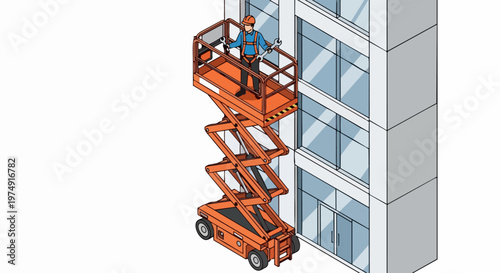 Isometric Illustration of a Worker on an Orange Scissor Lift Performing Maintenance on a Glass Building Facade with Tools and Safety Gear