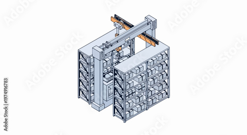 Isometric Automated Storage and Retrieval System (AS/RS) Illustration with Gantry Crane and Industrial Shelving for Smart Warehouse Logistics