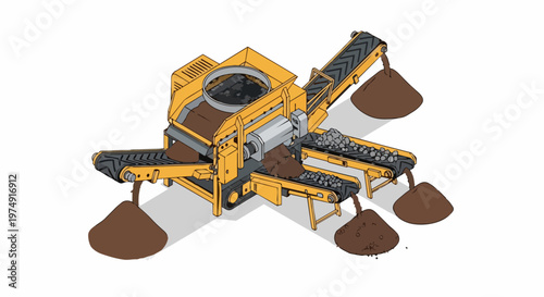 Isometric Industrial Rock Crusher and Soil Screening Machine Illustration
