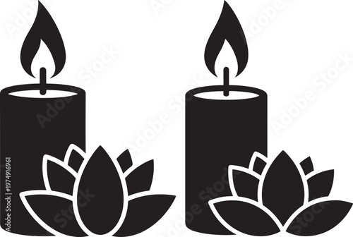 Burning candles with lotus flowers silhouette icon set line art spiritual meditation relaxation aromatherapy wellness silhouette decoration traditional oriental abstract serenity religion
