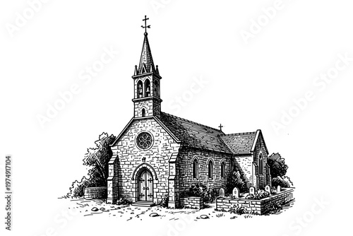 Vintage engraved church building illustration in classic architectural style