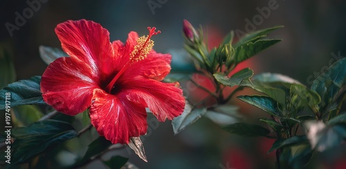 Red hibiscus bloom with delicate white streaks and bud