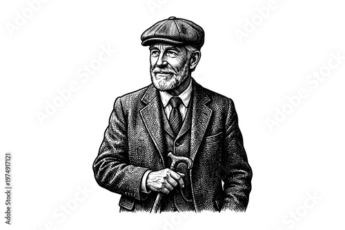 Vintage engraved portrait of bearded gentleman in retro classic style