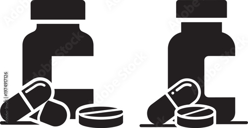 Medicine bottles with capsules and pills silhouette icon set prescription medicine capsules pharmacy medication treatment prescription pharmaceutical healthcare supplement sickness