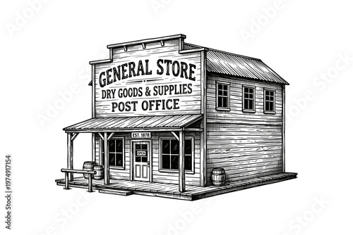 Vintage engraved wild west saloon building illustration in classic western style