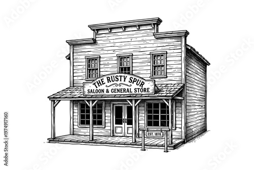 Vintage engraved wild west saloon building illustration in classic western style