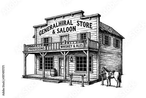 Vintage engraved wild west saloon building illustration in classic western style