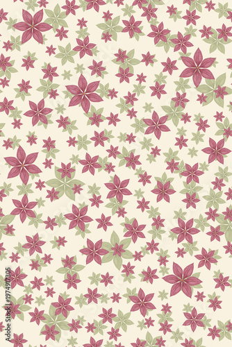 Small Ditsy Floral Seamless Pattern with Pink and Green Flowers on Beige Background