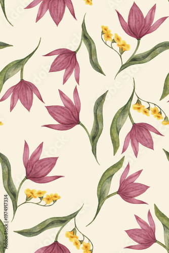 Seamless Watercolor Floral Pattern with Pink Tulips and Yellow Flowers on Beige Background for Wrapping Paper, Stationery, Textile Design