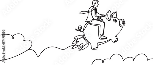 Continuous one line drawing businessman riding piggy bank rocket flying in the sky. Saving money concept. One line draw graphic design vector