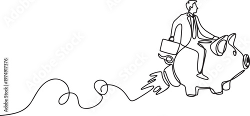Continuous one line drawing businessman riding piggy bank rocket flying in the sky. Saving money concept. One line draw graphic design vector