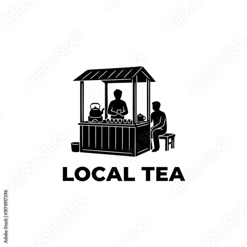 Monochrome vector graphic of a traditional street tea stall, showing a vendor serving hot beverages to a customer, capturing local commerce and a relaxed community feel
