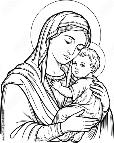 Virgin Mary Embracing Baby Jesus Hand Drawn Vector Religious Line Art