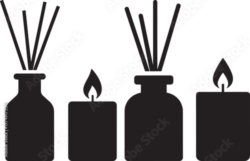 Aromatherapy reed diffusers and burning candles silhouette icon set with reed diffuser essential oil air freshener self care home decor aromatherapy fragrance relaxation wellness meditation