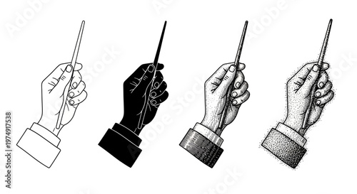 A Set of Four Diverse Artistic Illustrations of a Hand Holding a Baton