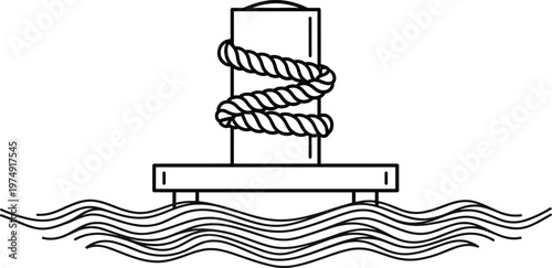 Mooring bollard with rope flat vector illustration black white CAD drawing style showing dock harbor marine securing concept nautical