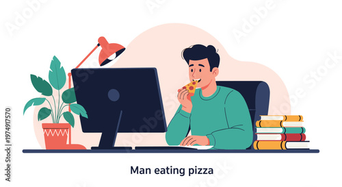 Young man enjoying a slice of pepperoni pizza while busy working at his desk with a computer monitor and books.
