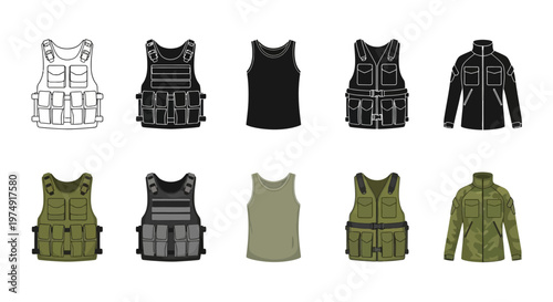 Collection of tactical vests and jackets for outdoor and security purposes